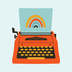 Creative hand drawn illustration with typewriter and sheet with print of rainbow. Love for retro, analogue, vintage, 60s concept. Office objects, manual typewriter in modern flat style.