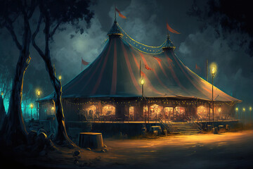 Camp for American Circus Horror in tents. Theater, movie theater, and opera. concert venue Amusement Grounds Scenery in concept art. Book Cover Art. Scene of video games. Dedicated digital painting. B
