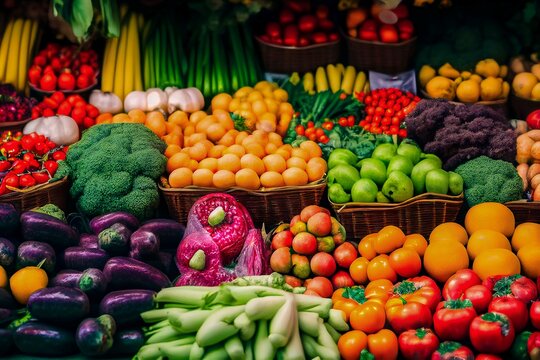 colourful and abundant farmers market display with a variety of fruits and vegetables (AI Generated)