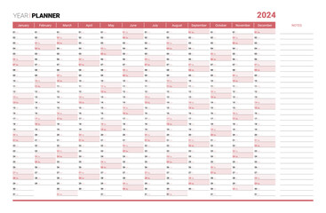 2024 yearly planner, calendar mockup design ready for print. Schedule page journal, stationery calendar, corporate planner template with space for personal notes vector illustration