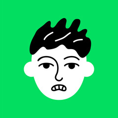 Angry boy avatar. Schoolboy face portrait with emotional facial expression hand drawn doodle sketch vector illustration