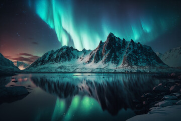 northern lights above of snowy mountain
