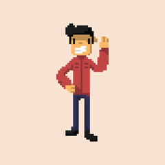 pixel art character a man with black hair rise the hand using red shirt and black shoe good for your game and project.