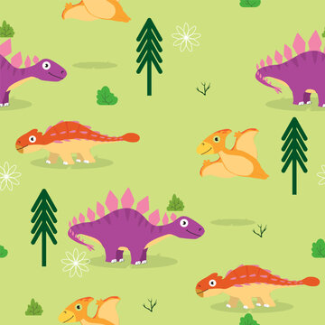 seamless dinosaur cartoon pattern background with tree and bush ornament vector illustrations EPS10