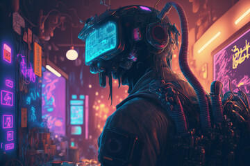 metaverse vr simulation gaming cyberpunk digital robot 3d illustration rendering virtual reality. Generative AI