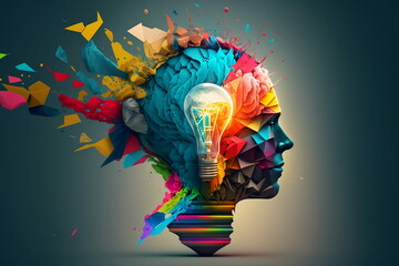 Colorful 3D illustration representing a person with a creative mind, lightbulb, imagination collage