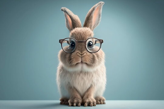 Bunny with glasses in front of a studio background