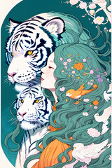 tiger in the jungle and lady Non-existent person in generative AI digital illustration
