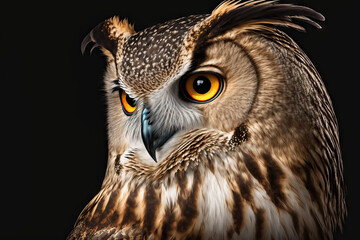 Bub a boo. An image of an eagle owl from Europe flying through the night. Stock image. Generative AI