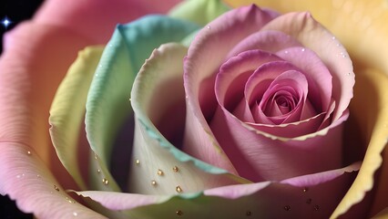 pink rose closeup, multi color rose with pink yellow red blue green color, colorful petal with drops,Generative AI