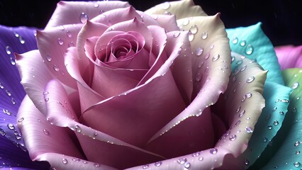 close up of a pink rose, closer mix rose with pink and yellow blue purple, multi color rose at night, water drops on petals,Generative AI
