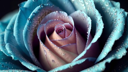 fantastic blue cool rose in the dark with water droplets on petals, multi color rose,Generative AI