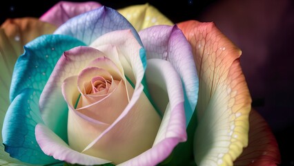 macro shoot of multi color rose with pink yellow blue color,water droplet on the petals at night,Generative AI
