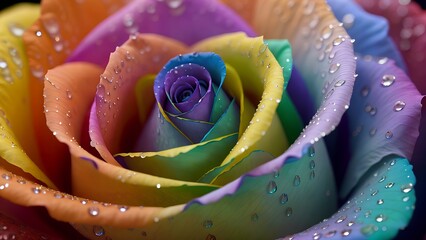 macro shoot of multi-color rose with pink yellow blue color,water droplet on the petals in raining day,Generative AI

