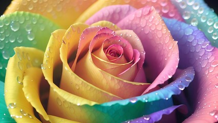 close up of multi-color rose with pink yellow blue color,water droplet on the petals in raining day,Generative AI
