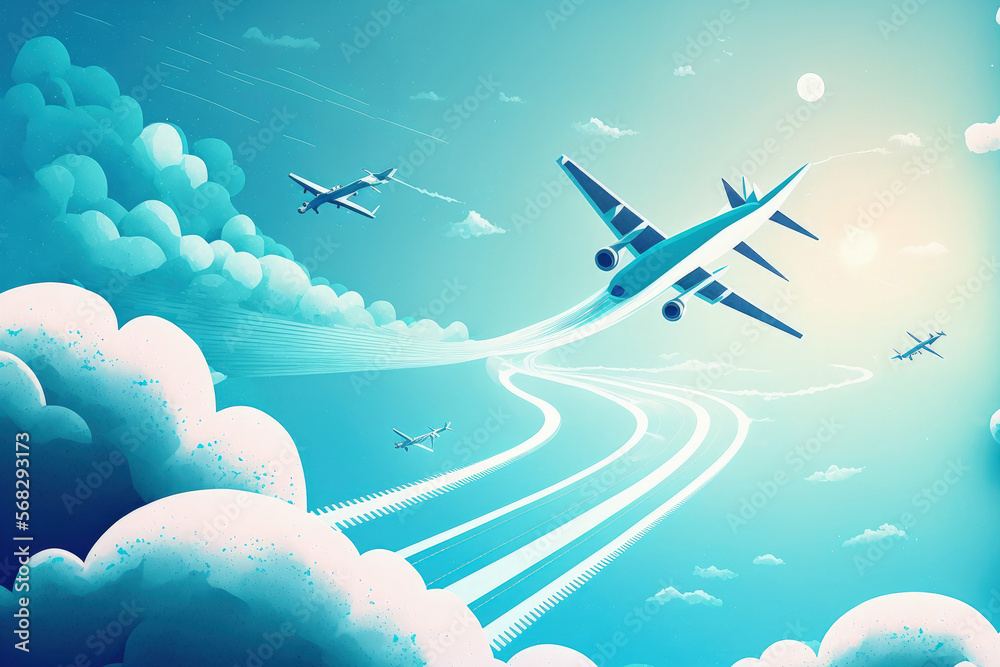 Wall mural Vertical nature background with aircraft and Jet trailing smoke in the sky. Airplane and condensation trail. Foggy trail jet and plane in blue sky with white clouds. Traveling the world concept