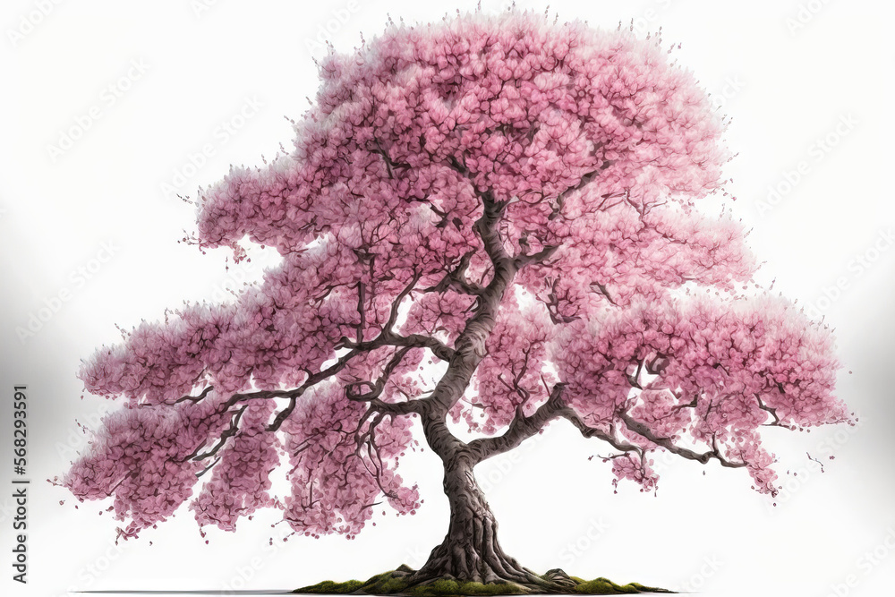 Poster Pink Sacura tree in bloom, isolated on white background. Generative AI