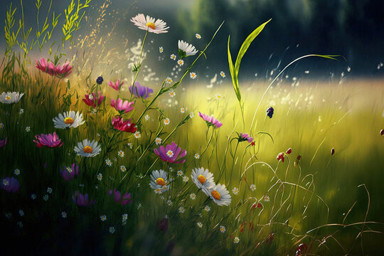 Meadow with flowers in the summer. Field medow grass. Generative AI