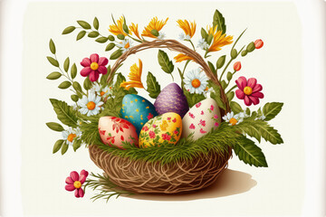 Easter eggs in various colors and spring flowers in a basket on a white backdrop. Generative AI