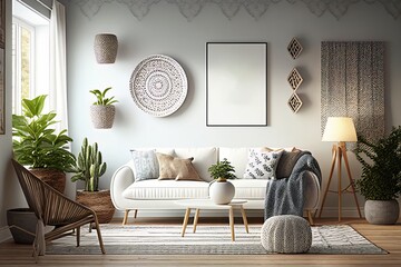 Scandi Boho Wall in Living Room Frame Mockup 3D Render 