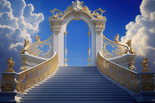 A idea showing a massive stairway ascending to the open, regal pearly gates of heaven, surrounded by a background of the blue sky . Generative AI