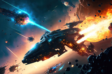 Space fight with battle cruisers and spacecraft, with laser blasts, sparks, and explosions. A military base is being attacked by space fighters. Generative AI