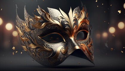 gorgeous Carnival mask, metallic and shiny, golden and black, isolated on black background.
