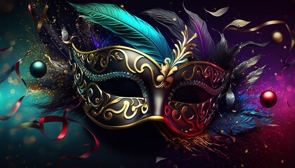 gorgeous Carnival mask, metallic and shiny, decorated with feather, colorful, on vague background.