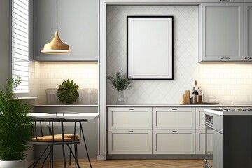 Fototapeta na wymiar Kitchen Room Interior Showcasing Frame Mockup in 3D Realistic Render