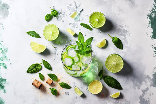 On a white concrete table, a mojito cocktail alcohol bar long drink classic fresh tropical drink with rum, spearmint, lime juice, soda water, and ice is shown. Generative AI