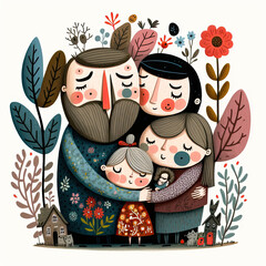 A couple hugging their child, family portrait generative ai illustration in naive art style on a white background