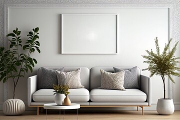 Stylish and Cozy Scandi Boho Living Room Interior Wall Mockup 3D Render 