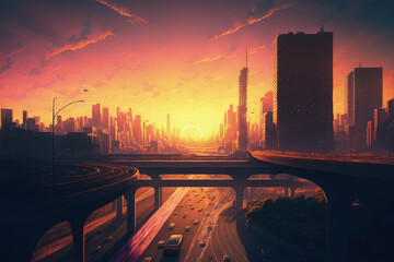 Obraz na płótnie Canvas Sunrise of a contemporary city's flyover, skyline, and traffic. Generative AI