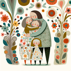 A couple and two children hugging, generative ai illustration in naive art style