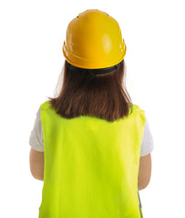 Female worker in vest and hardhat on white background, back view