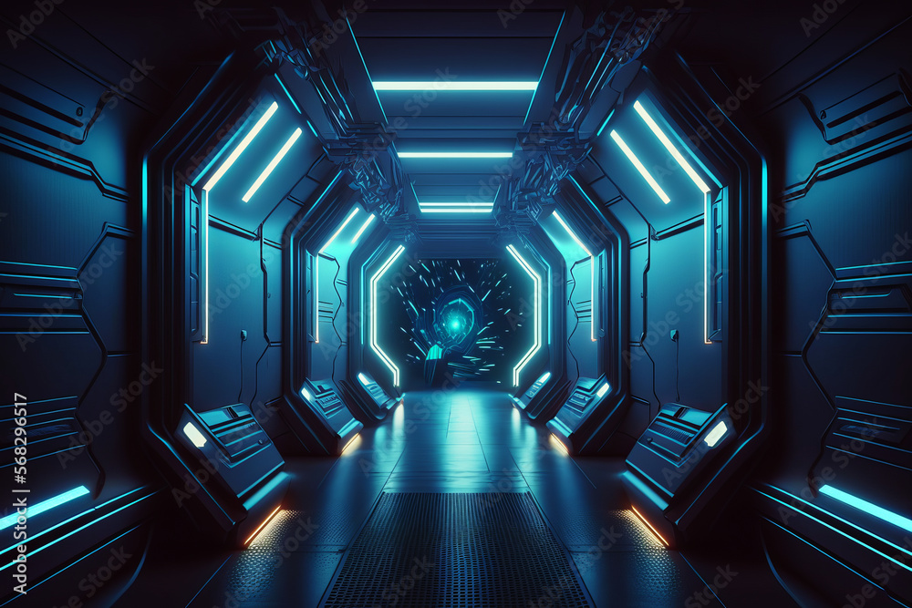 Poster corridor spaceship futuristic sci-fi tunnel passageway with glowing shiny neon lights ,futuristic sc