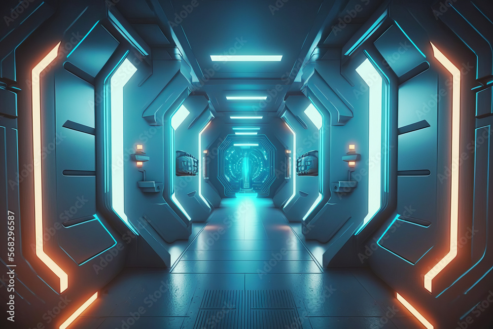 Poster corridor spaceship futuristic sci-fi tunnel passageway with glowing shiny neon lights ,futuristic sc
