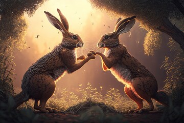 Two hares fighting in the forest. 3D rendering. Fantasy. Generative AI