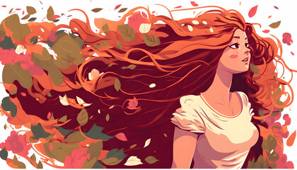 Girl with flowing hair in a pink summer breeze. Flower petals and vines, digital illustration