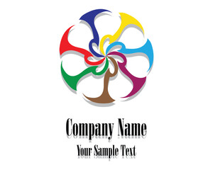 vector design of a wheel shaped logo with sharp angles in red and green and brown and purple and dark blue and light blue with the words Company Name and Your sample Text at the bottom