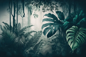wallpaper with tropical leaves in a misty jungle . Generative AI