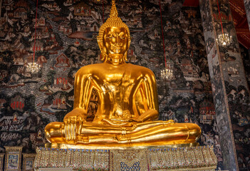 Close up of golden Buddha sculpture in temple. Golden Buddha Statue. Golden Buddha Sculpture at Wat Temple in Bangkok