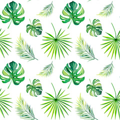 A pattern of tropical plants. Monstera. The palm branch. Watercolor illustration. Nature of the tropics. Collage of monstera and palm trees. Mosaic.