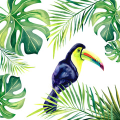 Obraz na płótnie Canvas A composition with a rainbow toucan on an isolated background. An exotic bird. The tropics. Monstera, palm branch. Watercolor illustration.