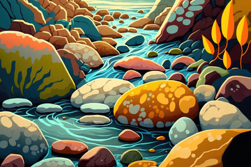 Beautiful river waves in the summer sun move across multicolored stones. Generative AI