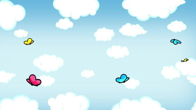 Butterflies on clouds backgrouns cartoon animation seamless loop isolated. Pink yellow blue. Good for any background. Alpha channel included.