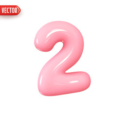 Number 2. Pink Number two. Realistic 3d design In cartoon style. Icon isolated on white background. vector illustration
