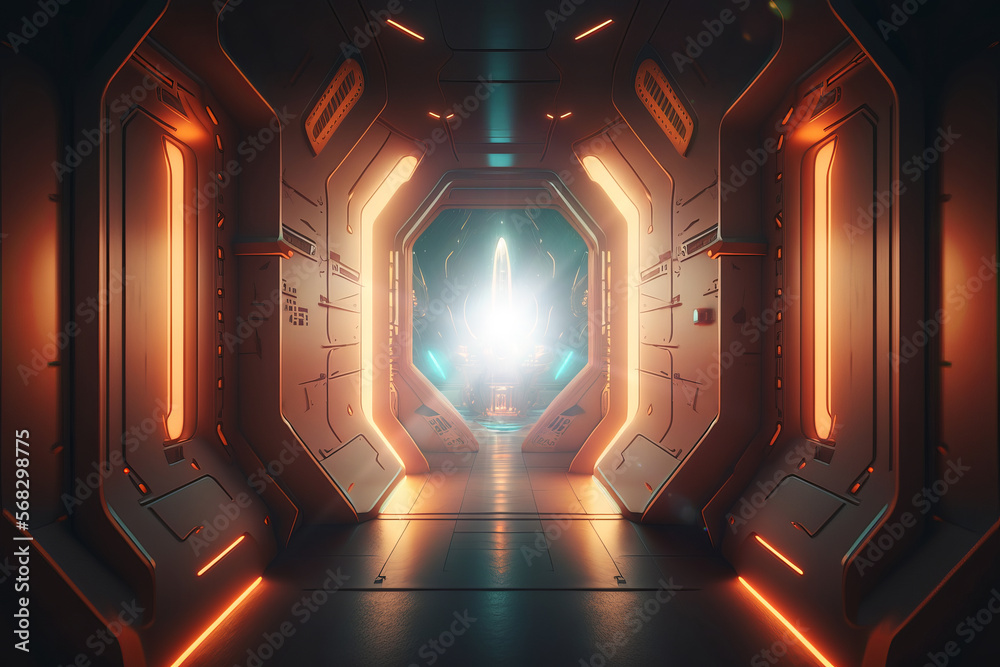 Poster corridor spaceship futuristic sci-fi tunnel passageway with glowing shiny neon lights ,futuristic sc