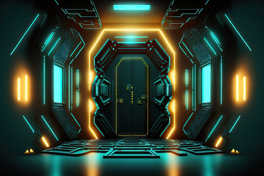 Abstract Background Esports Scifi Gaming Video Game Futuristic Neon Glow Chamber, Scene Stand Pedestal Stage, Virtual Reality Simulation, And Cyberpunk. Generative AI