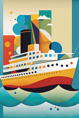 cruise ship in the sea, postcard o poster generative ai vertical illustration